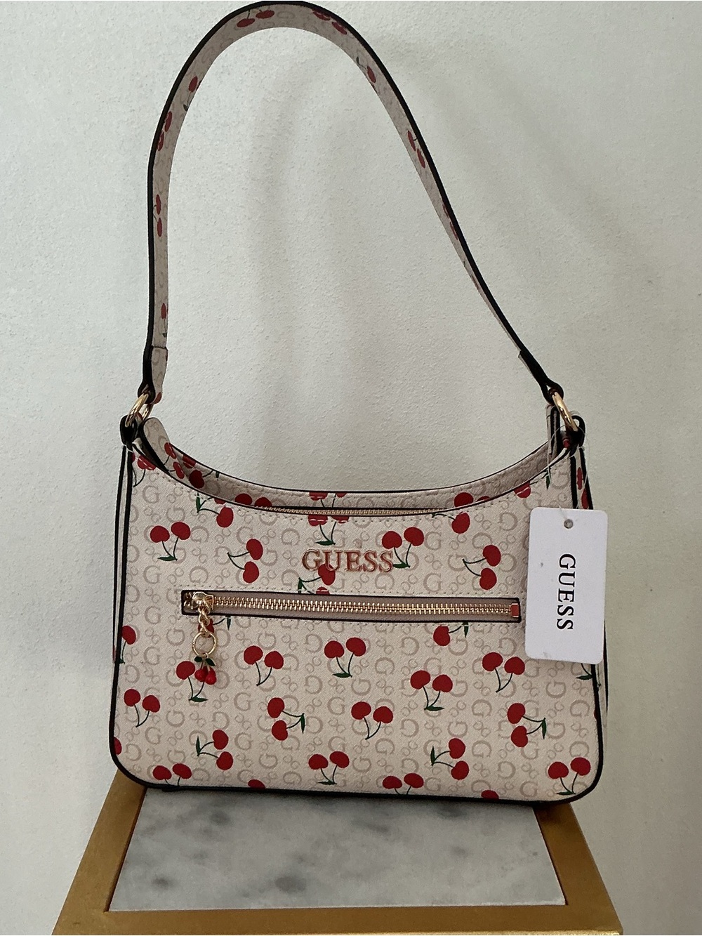 GUESS Cherry-Print Shoulder Bag in Cream and Red